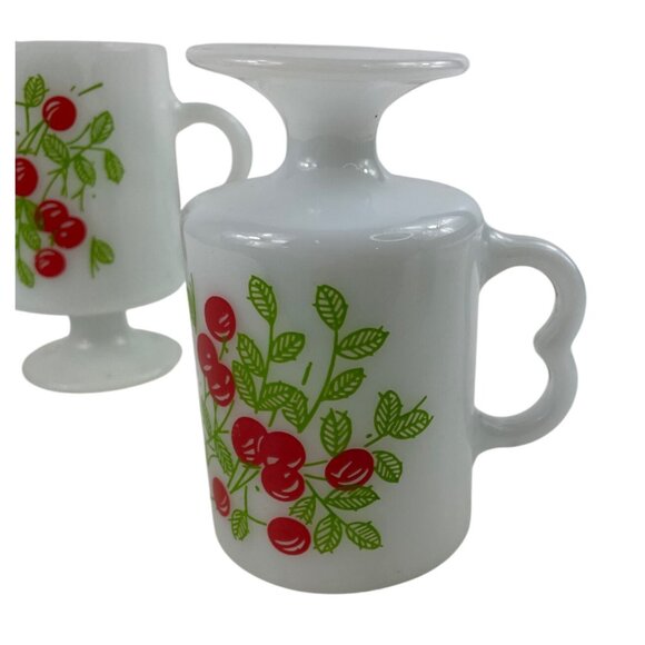 Vintage MCM Milk Glass Pedestal Mugs With Cherry Design Set Of 2 - Picture 7 of 12